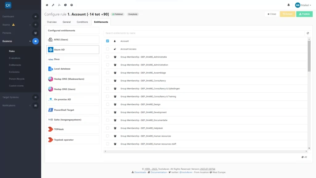 HelloID Screenshot: Business rule entitlements wijzigen