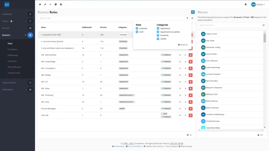 HelloID Screenshot: Business rules filteren