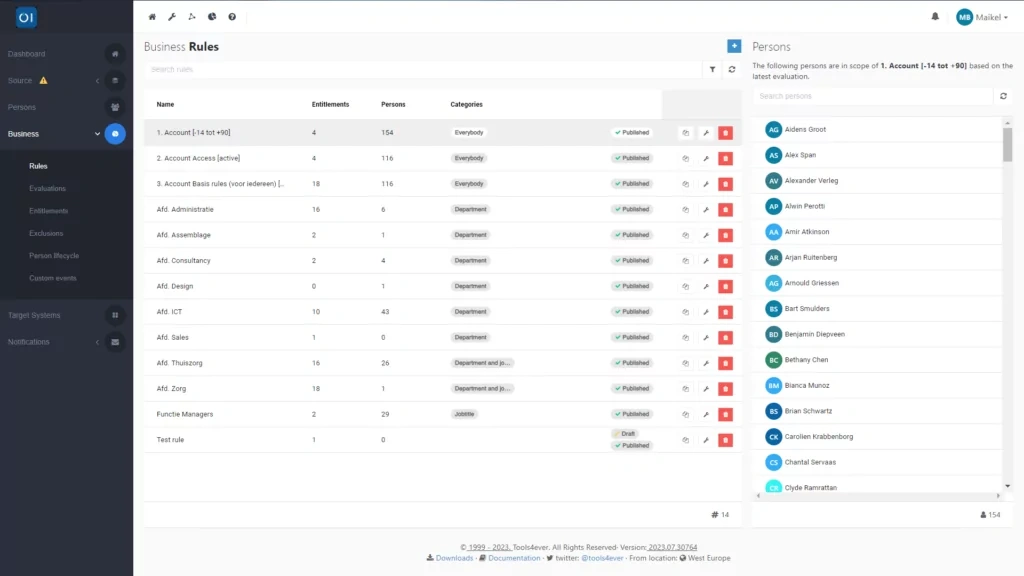 HelloID Screenshot: Business rules overzicht