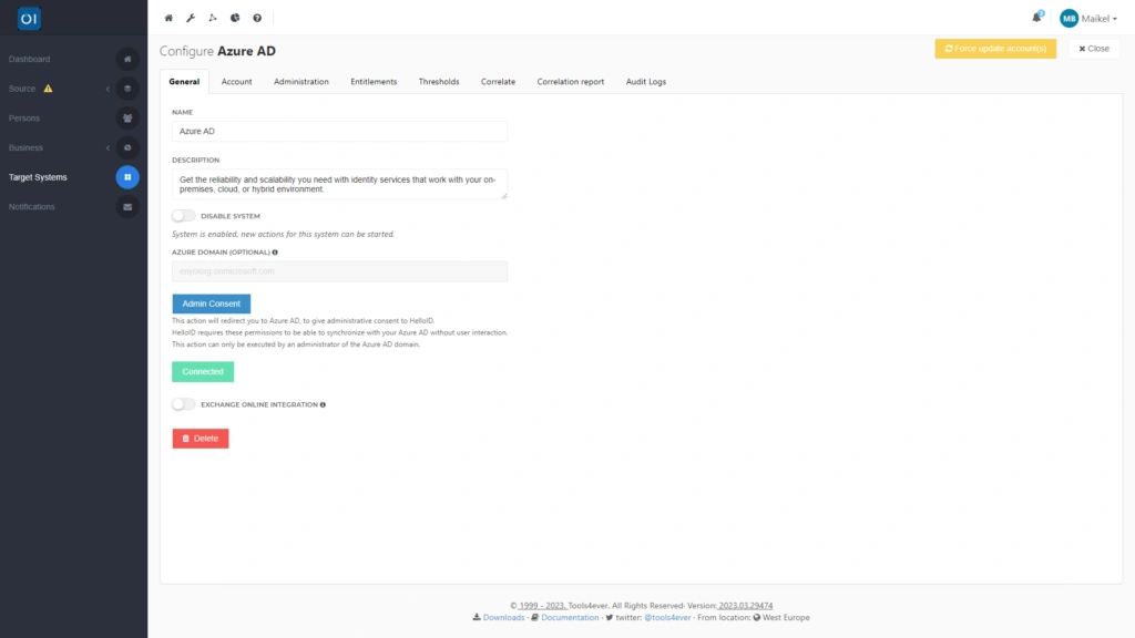 HelloID screenshot: Configuratie van (Azure) AD connector