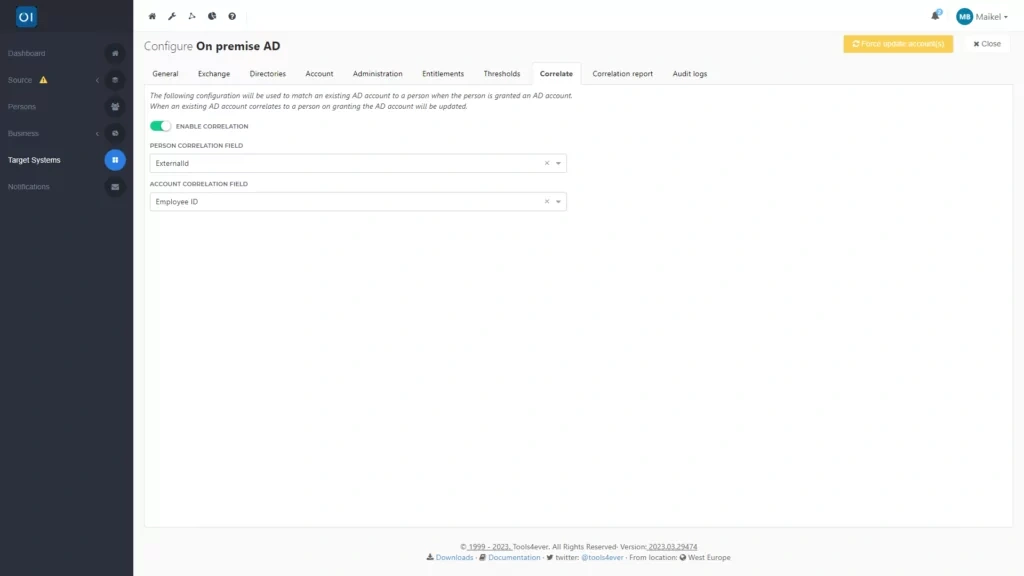 HelloID screenshot: Configureren van correlatie in Active Directory