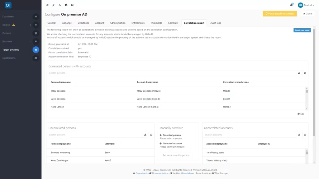 HelloID screenshot: Correlatie rapportage