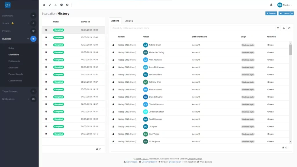 HelloID Screenshot: Evaluatie van impact business rule wijziging