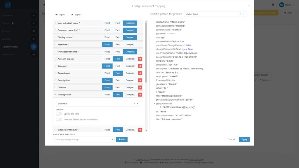 HelloID Screenshot: Configureer update veld in mapping
