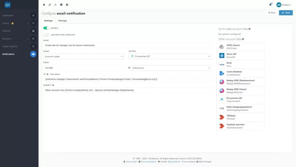 HelloID Screenshot: Bericht van notificatie configureren