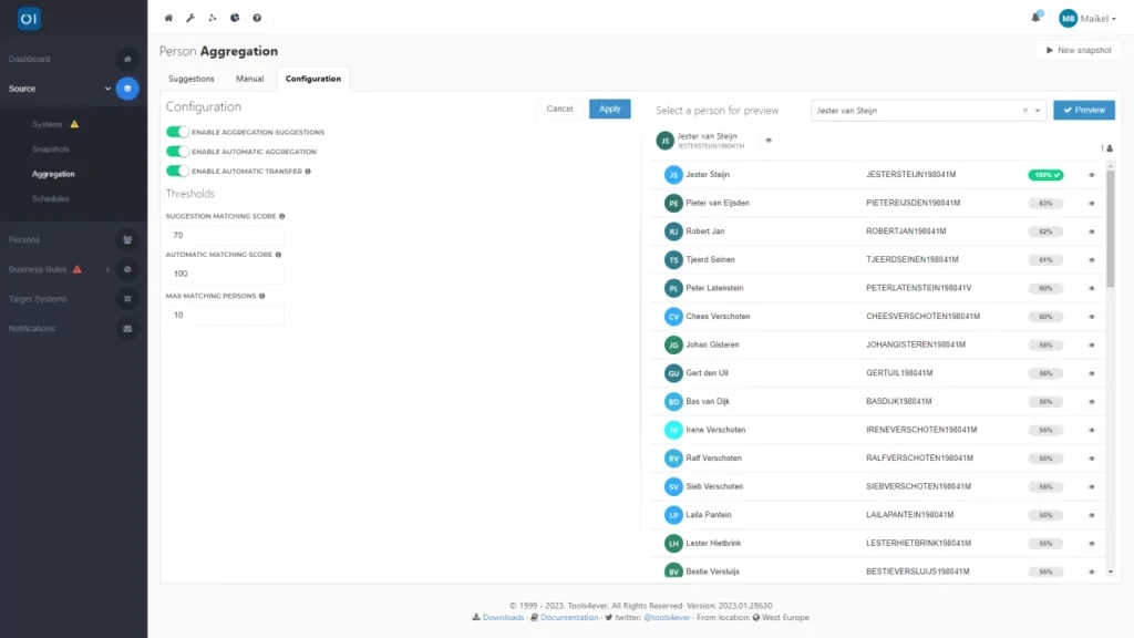 HelloID Screenshot: Configuratie van matching scores voor persoonsaggregatie