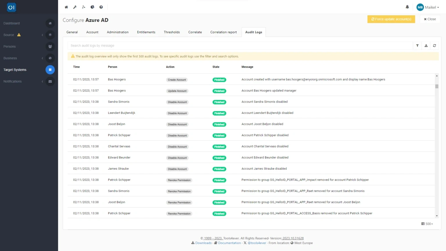 HelloID Screenshot: Target Logging
