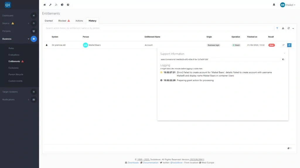 HelloID Screenshot: Error logging bij testen met één persoon