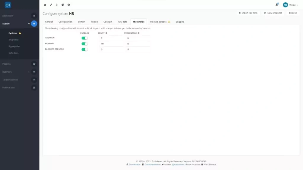 HelloID Screenshot: Thresholds voor bronsysteem configureren