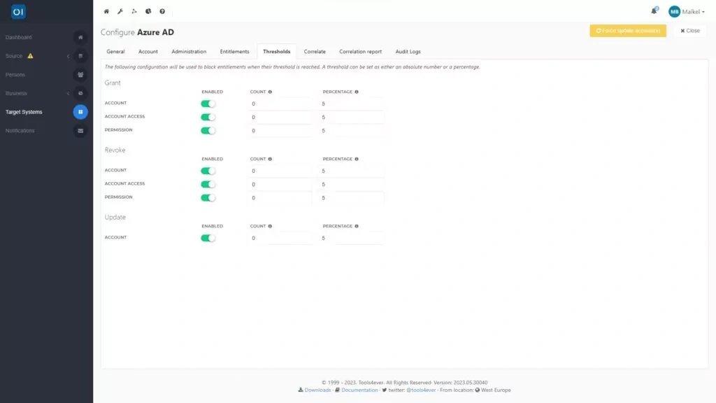 HelloID Screenshot: Thresholds voor doelsysteem configureren