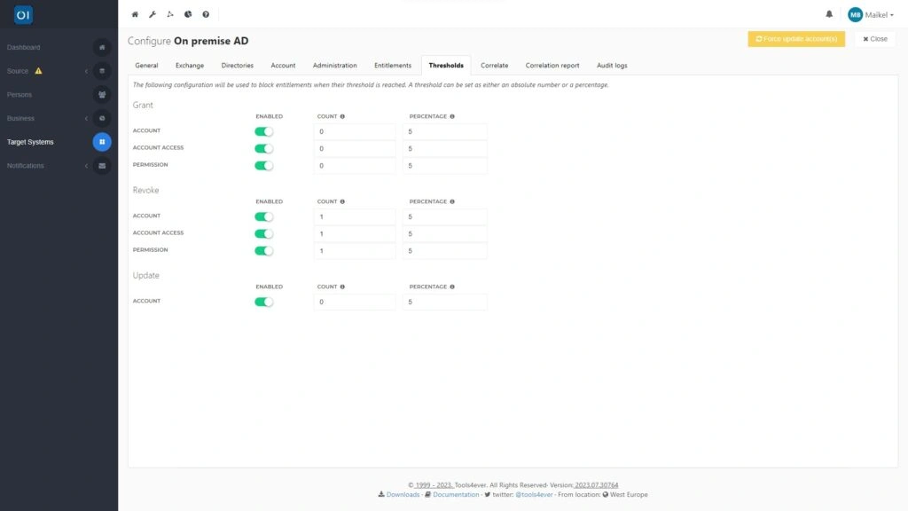 HelloID Screenshot: Thresholds voor testen bij livegang