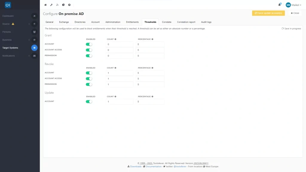 HelloID Screenshot: Thresholds voor testen met een persoon